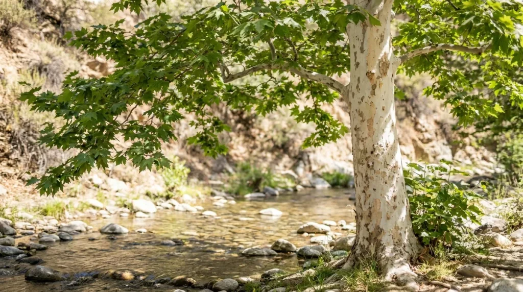 Sycamore with a pale whitish trunk and lobed green leaves leaning over a shallow rocky creek in dry hills