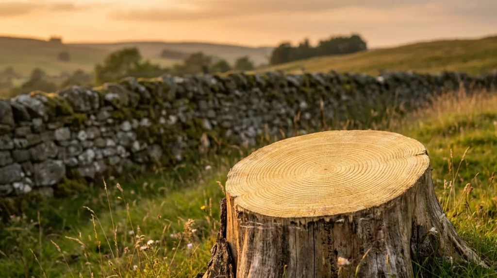 Freshly cut tree stump showing tight concentric growth rings beside a dry stone wall in a grassy meadow at sunset