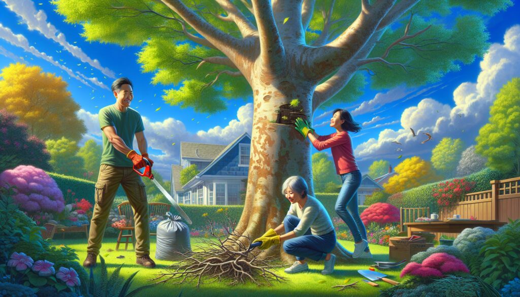 People caring for a sycamore tree in a colorful garden setting on a sunny day.