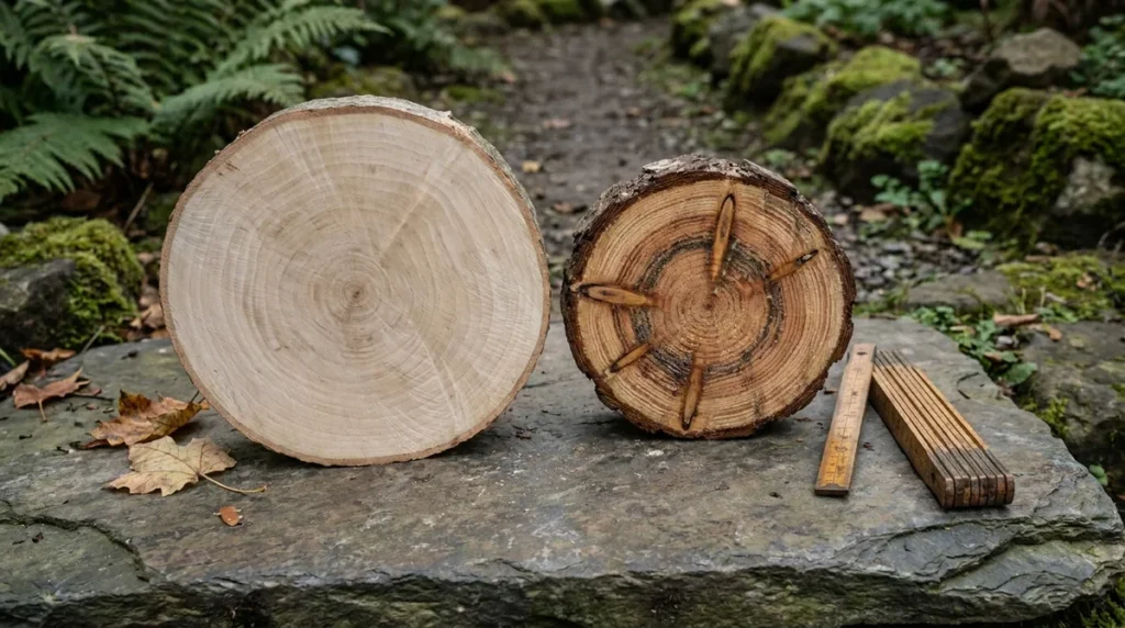 Two cross-section log slices, one pale and smooth and one with dark rings and radial cracks, on a mossy stone slab beside a folding ruler