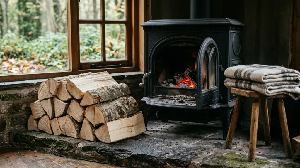 Stack of split logs beside a lit cast-iron wood stove in a rustic stone-floored room, with a folded blanket on a wooden stool