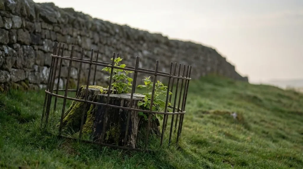 Mossy tree stump inside a rusted iron cage with young green shoots, next to Hadrian's Wall on a misty grassy slope