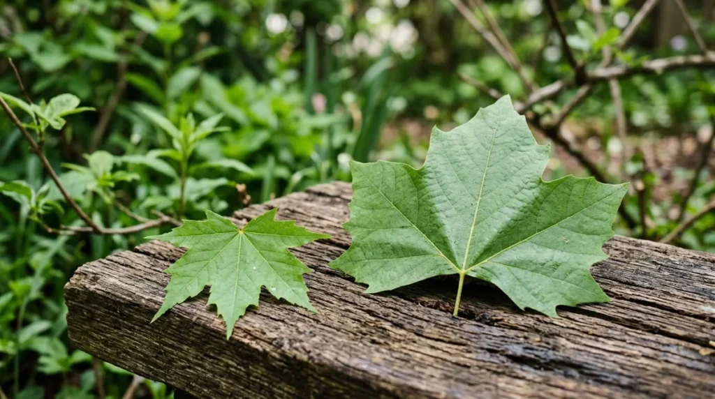 Two green lobed sycamore leaves, a small one and a large one, resting on a weathered wooden plank among foliage