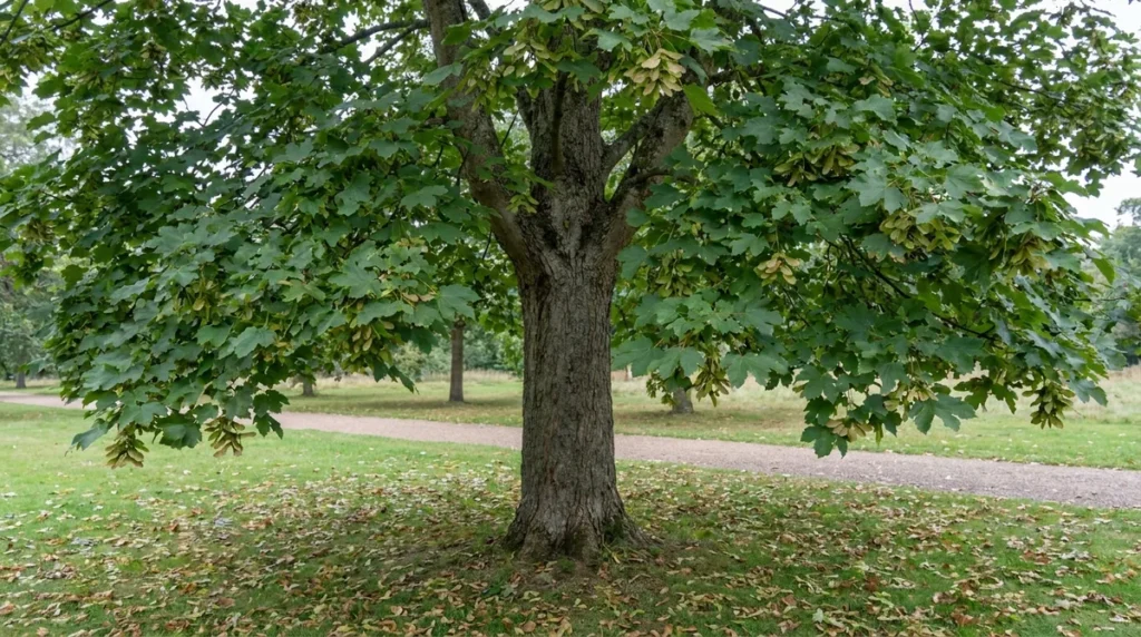 Sycamore maple with a dark furrowed trunk, dense green lobed leaves and hanging winged seeds above a park path