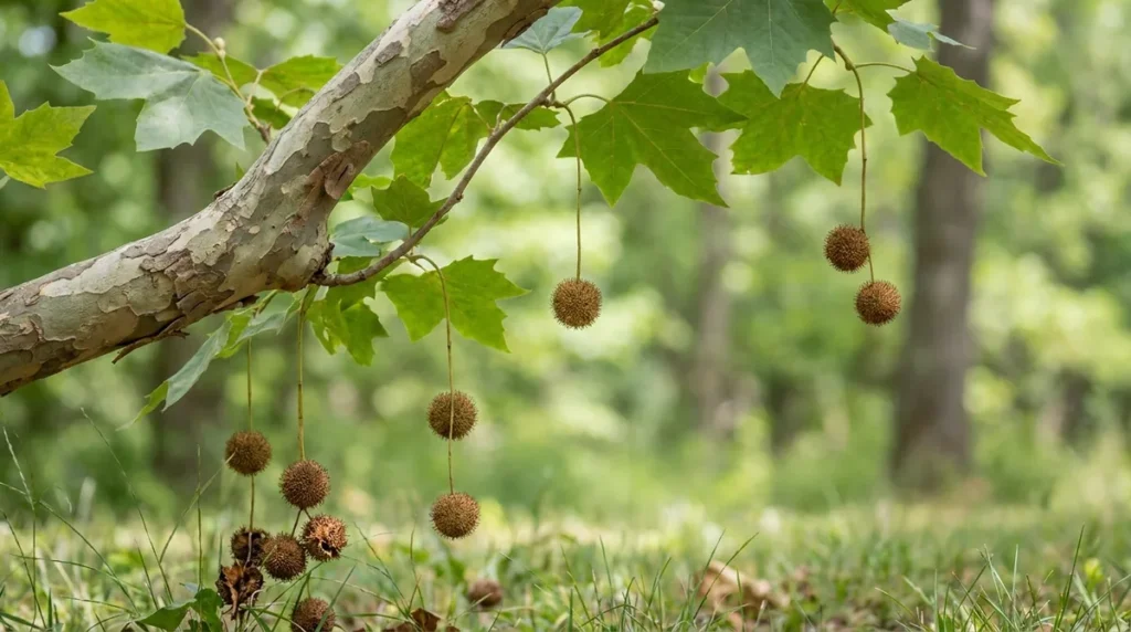 Sycamore branch with peeling bark and lobed leaves, round spiky brown seed balls hanging on thin stalks above grass