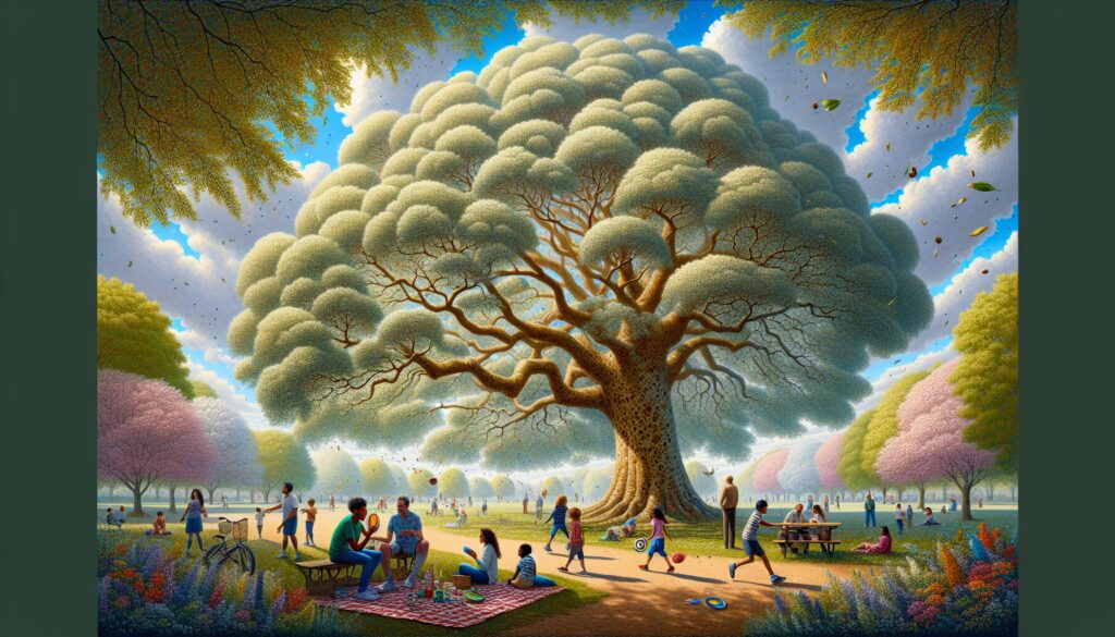 People enjoying a day under a majestic sycamore tree in a vibrant park but nee to be aware of the potential allergies causd by the sycamore tree