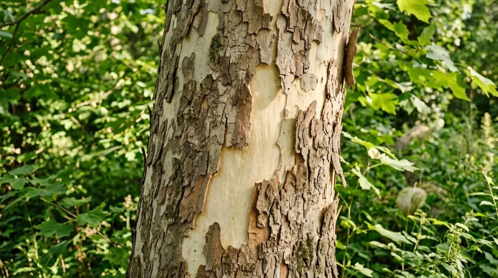 Close-up of a sycamore trunk with peeling brown bark plates exposing smooth cream-colored patches against green foliage