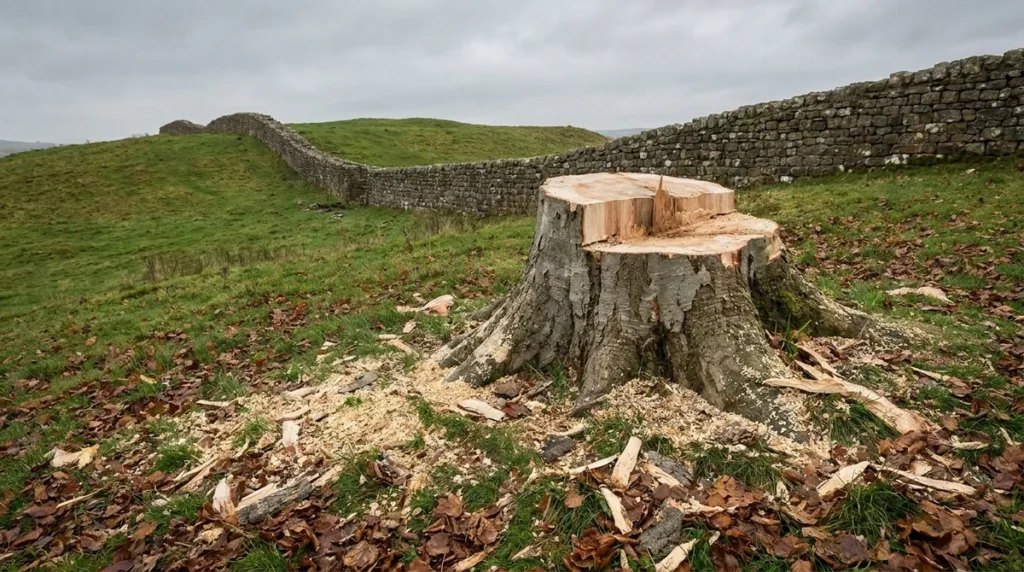Large felled sycamore stump with pale fresh-cut wood, sawdust and fallen leaves, Hadrian's Wall running over green hills behind