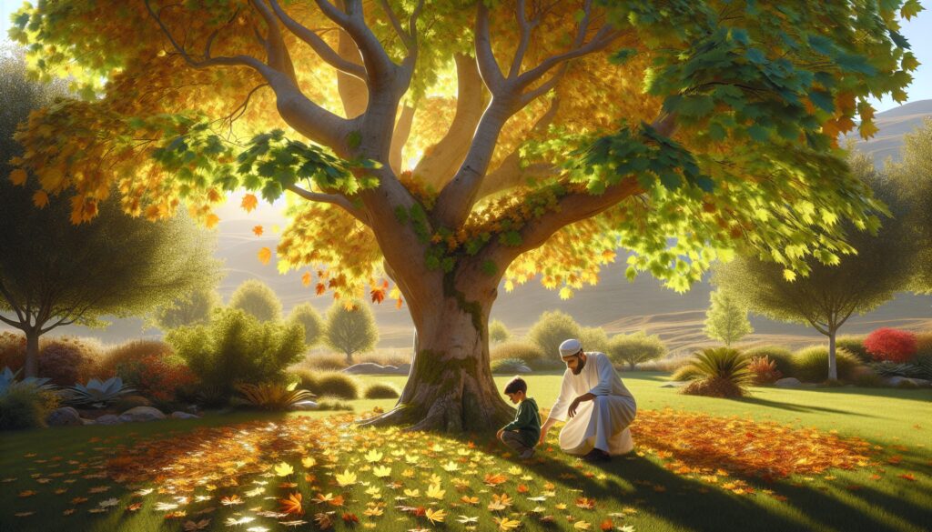 A serene scene with a sycamore tree and two people enjoying fallen autumn leaves in warm sunlight.